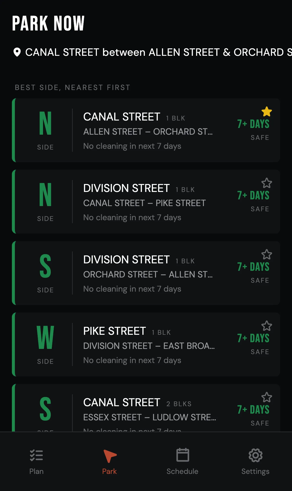 StreetPark.NYC Park Now view ranking nearby blocks by days safe