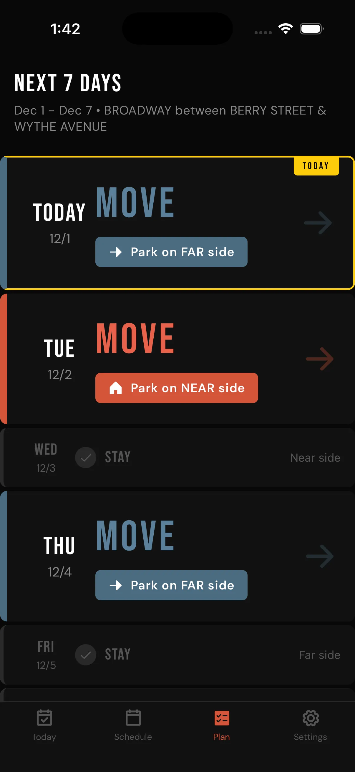 StreetPark.NYC Plan view with weekly parking recommendations