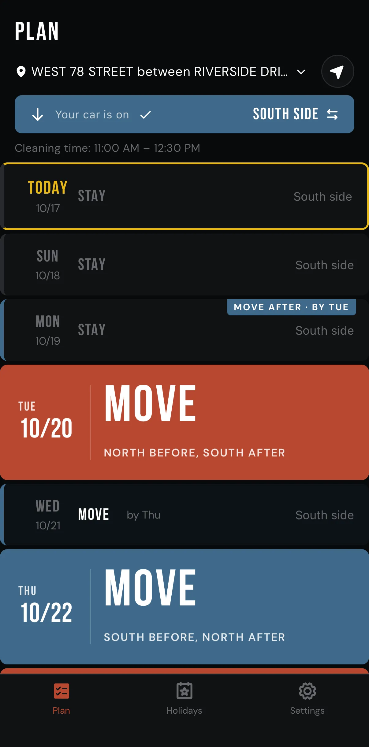StreetPark.NYC Plan view showing stay and move directives for each day