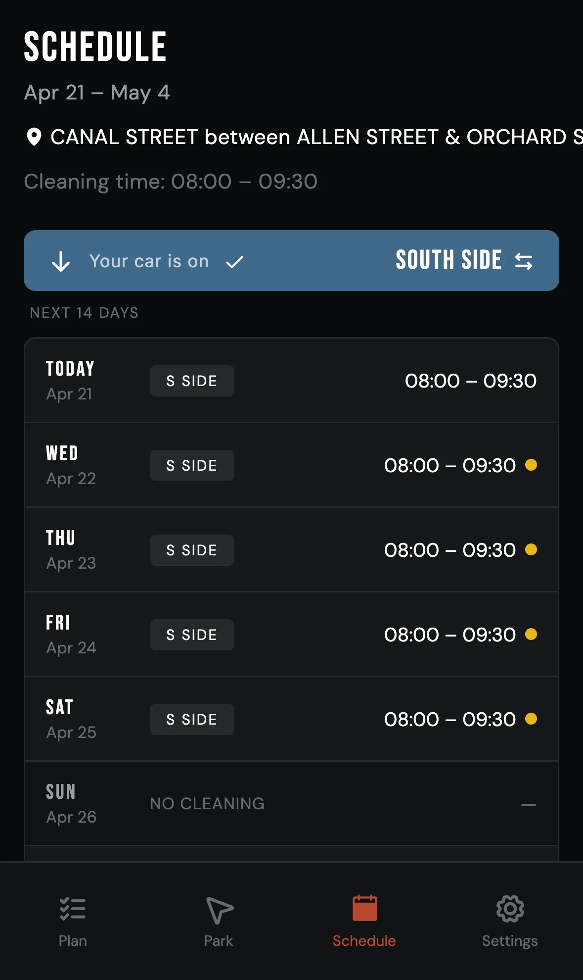StreetPark.NYC Schedule view listing cleaning times for the next fourteen days
