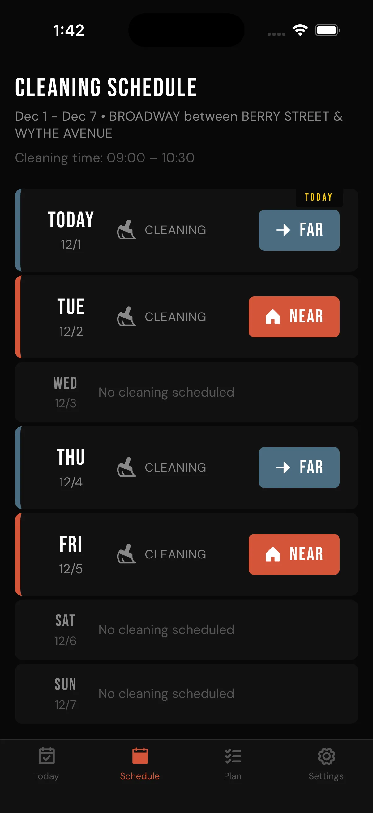 StreetPark.NYC Schedule view showing weekly cleaning times