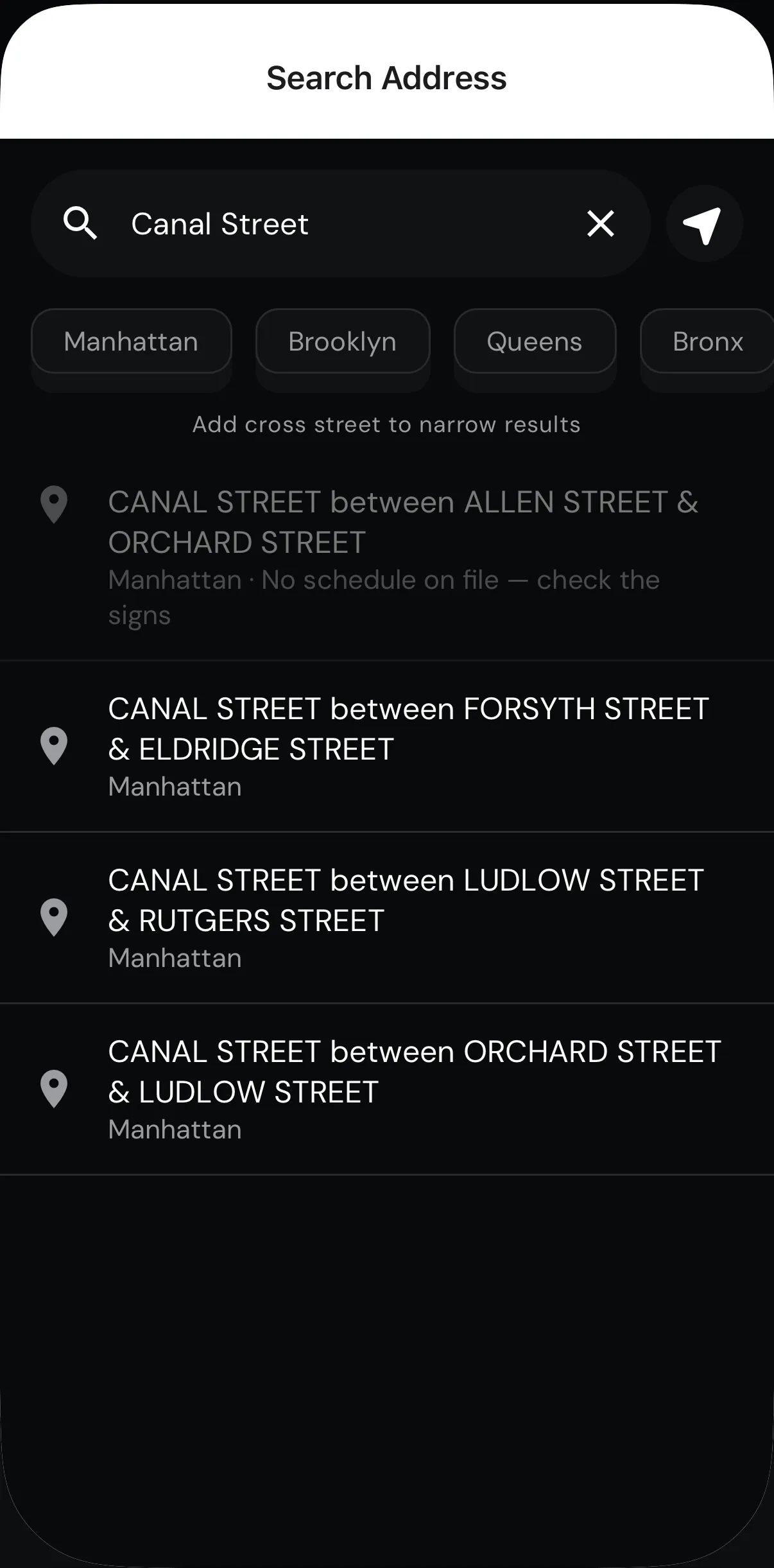 StreetPark.NYC address search showing Canal Street results