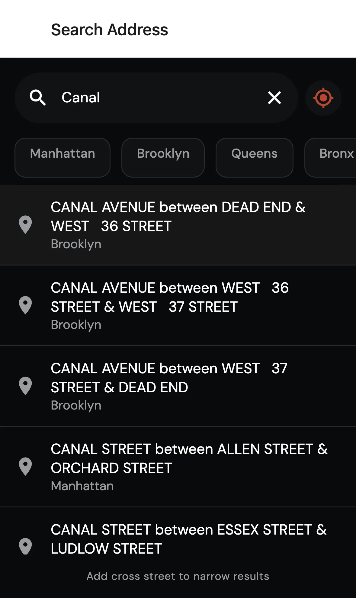 StreetPark.NYC address search showing Canal Street results