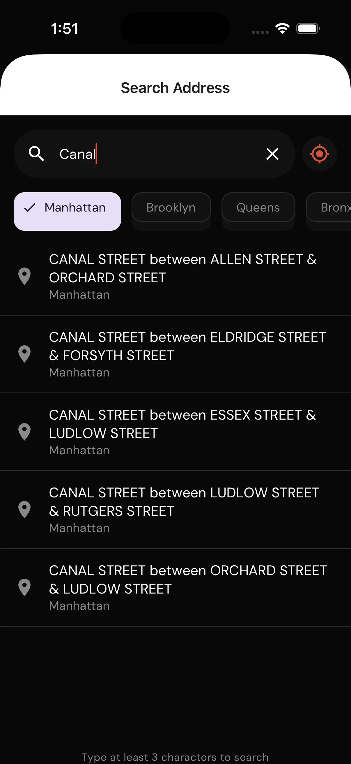 StreetPark.NYC address search showing Canal Street results